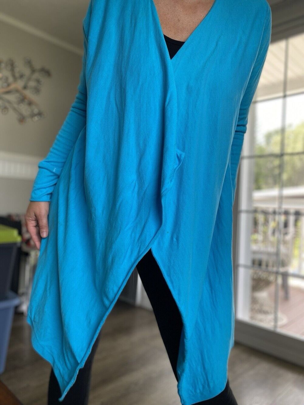 TORY BURCH Cardigan Blue Long Sleeve Open Front Draped Sweater L